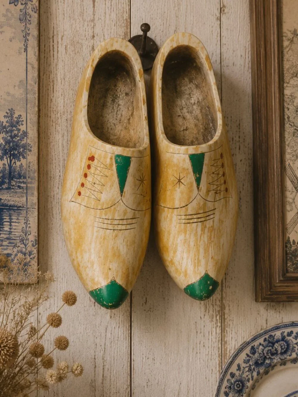 Vintage Large Hand Painted Dutch Wooden Shoes Collectible